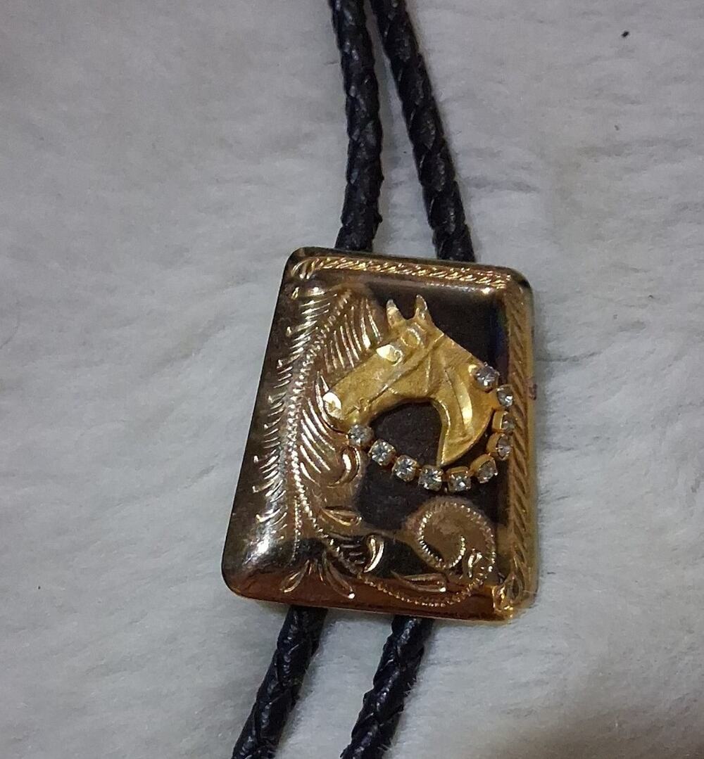 Vintage Bolo Tie with Gold Square Pendant race horse